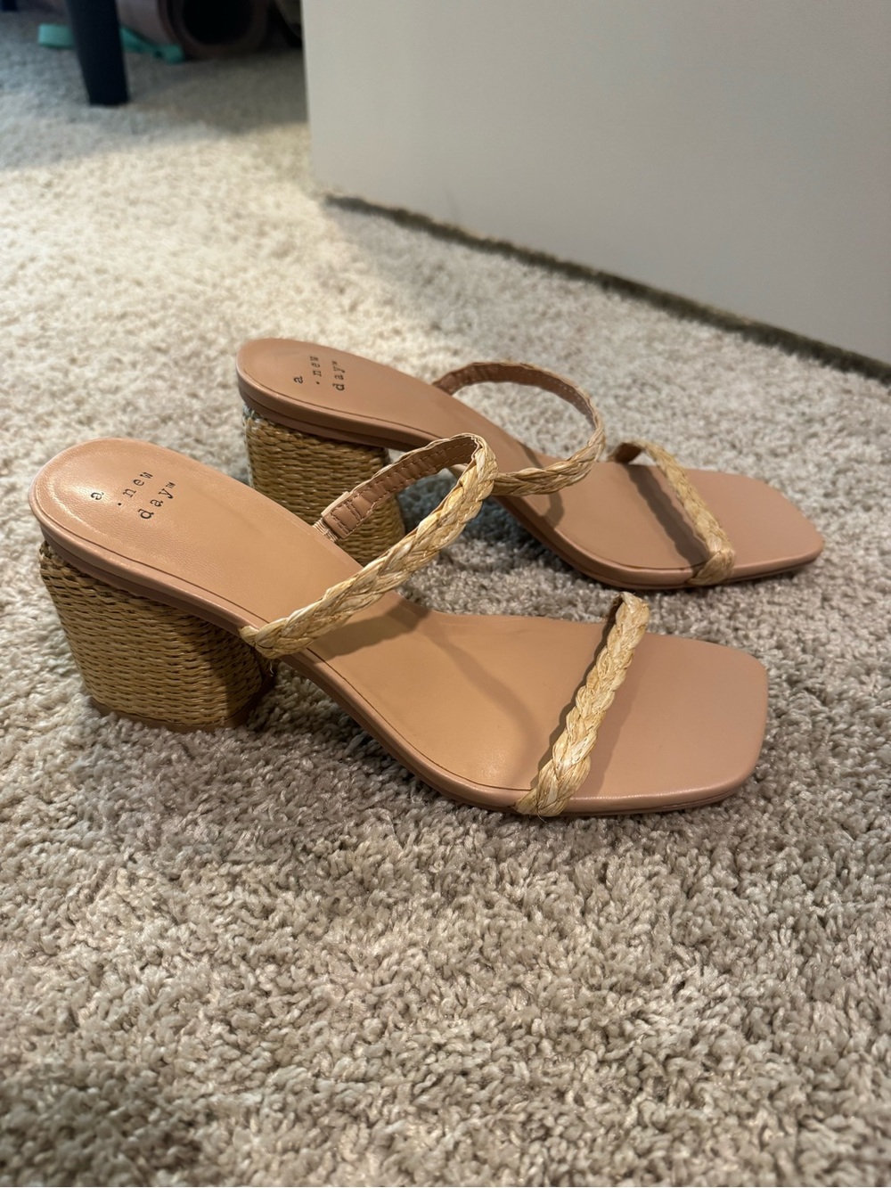 Braided Rafia Strap Block Heel Sandals - Never Worn